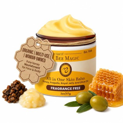 Sweet Bee Naturals front jar showing label and compact size, conveys purity
