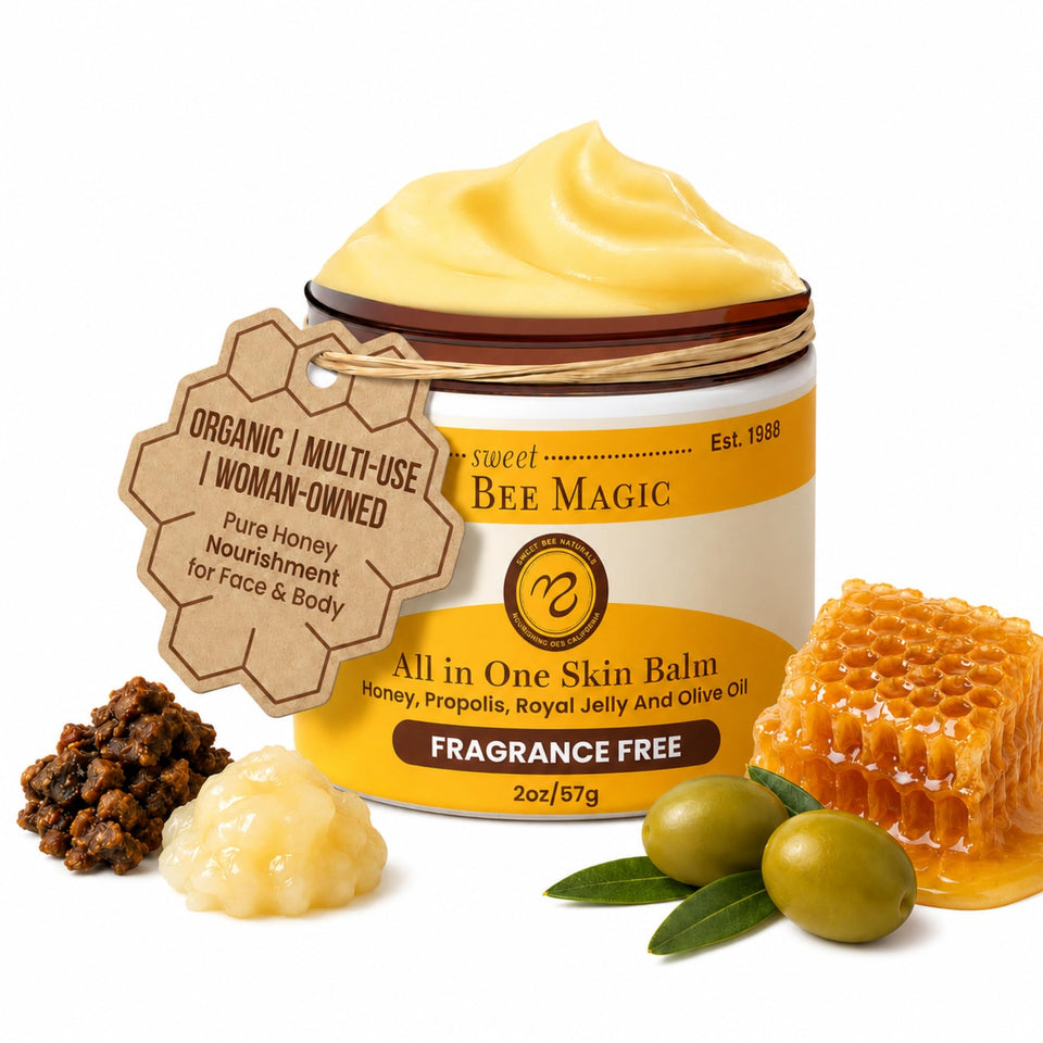 Sweet Bee Naturals front jar showing label and compact size, conveys purity