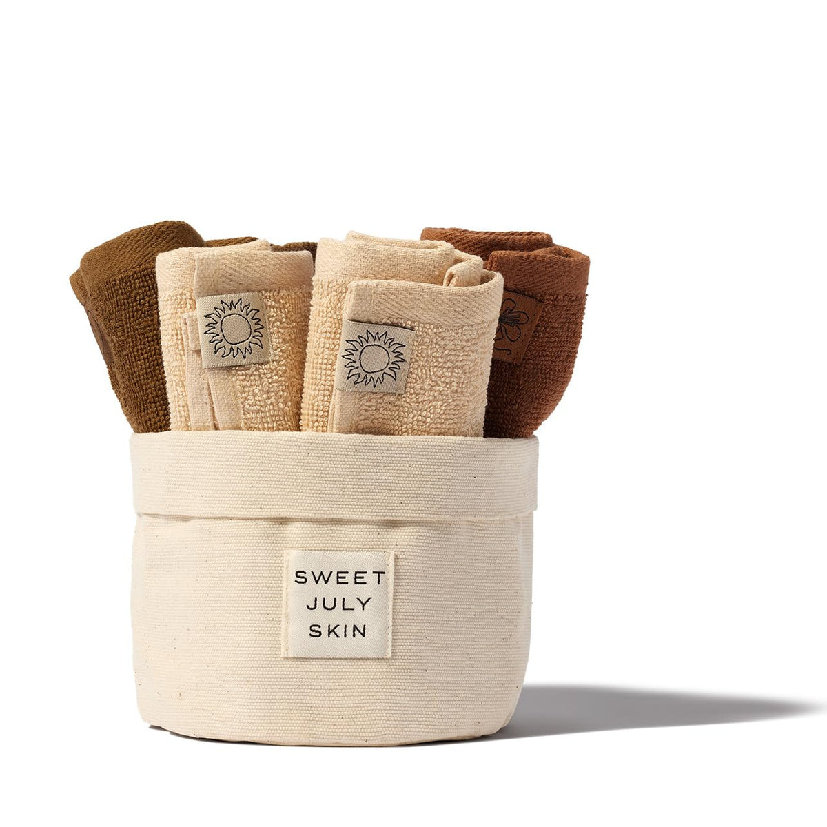 SWEET JULY front packaging showing six towels and canvas holder for organized storage
