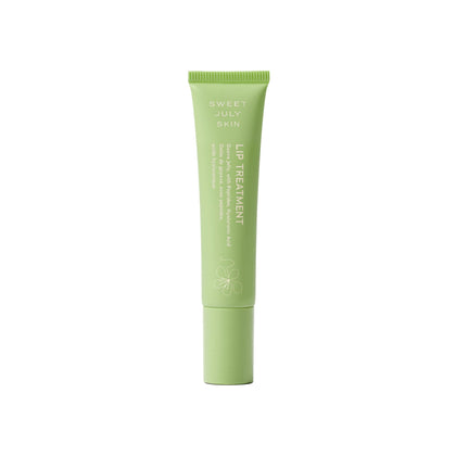 SWEET JULY lip treatment front view showing twist-up tube and travel size benefit