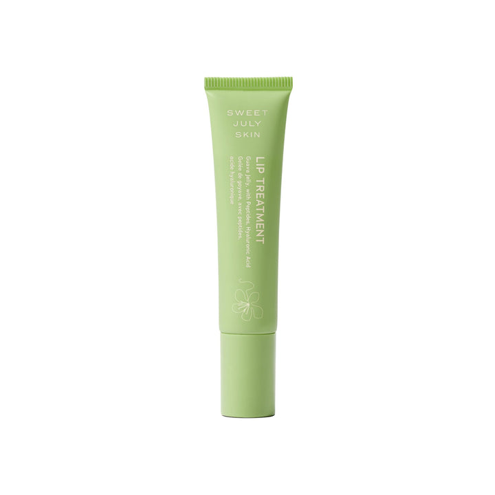 SWEET JULY lip treatment front view showing twist-up tube and travel size benefit