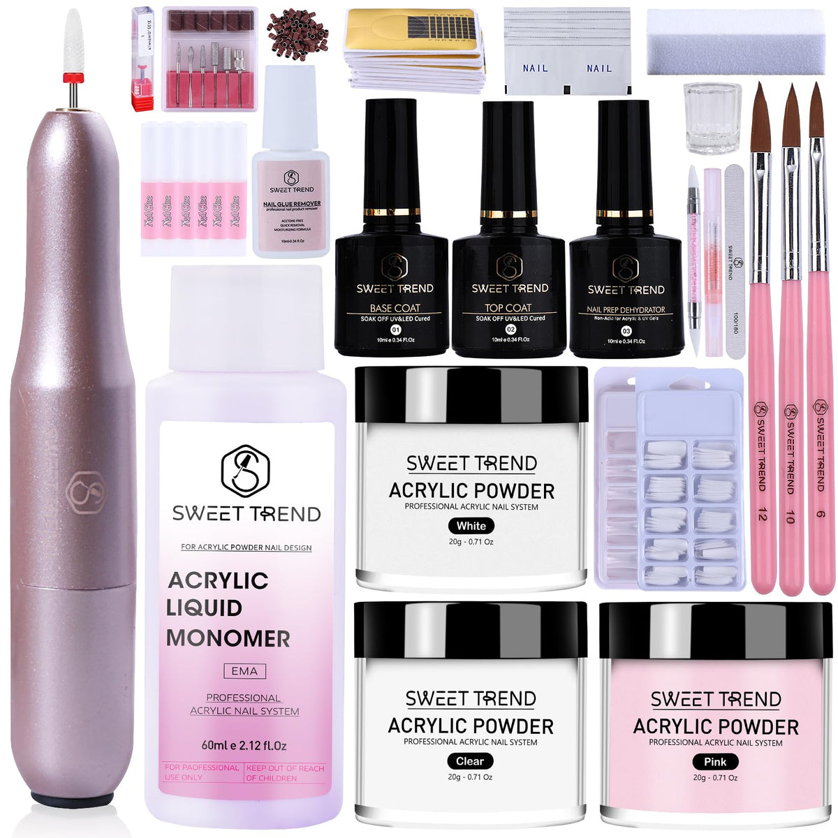 SWEET TREND front packaging showing full acrylic kit and included tools for convenience