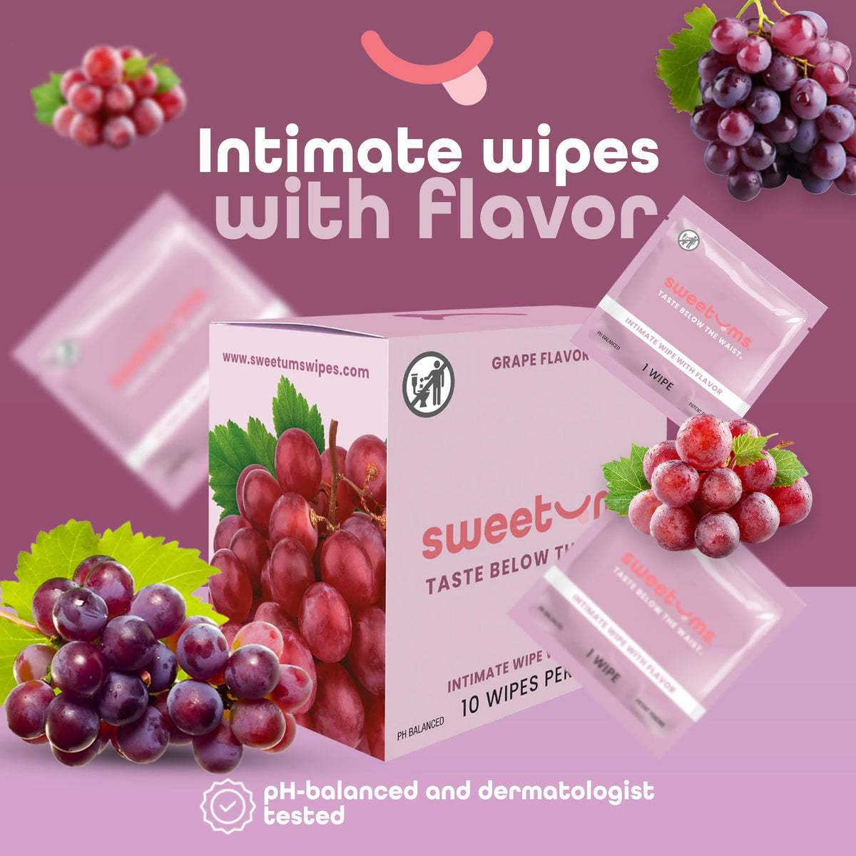 Sweetums single wrapped wipe opened to show moist cloth and freshness