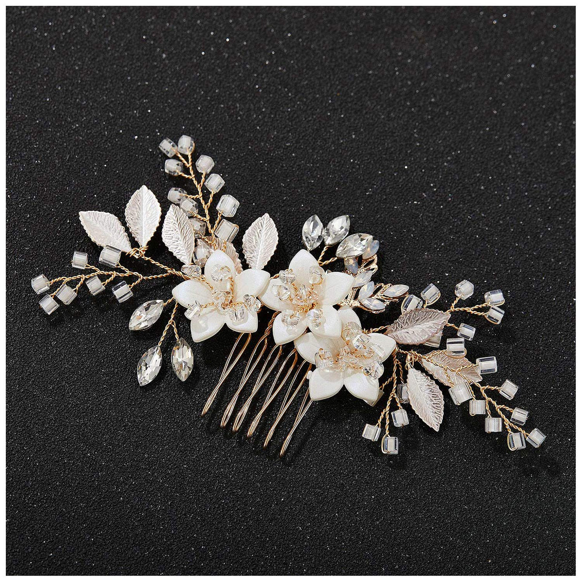 SWEETV gold comb front view showing elegant crystals and leaves for bridal sparkle