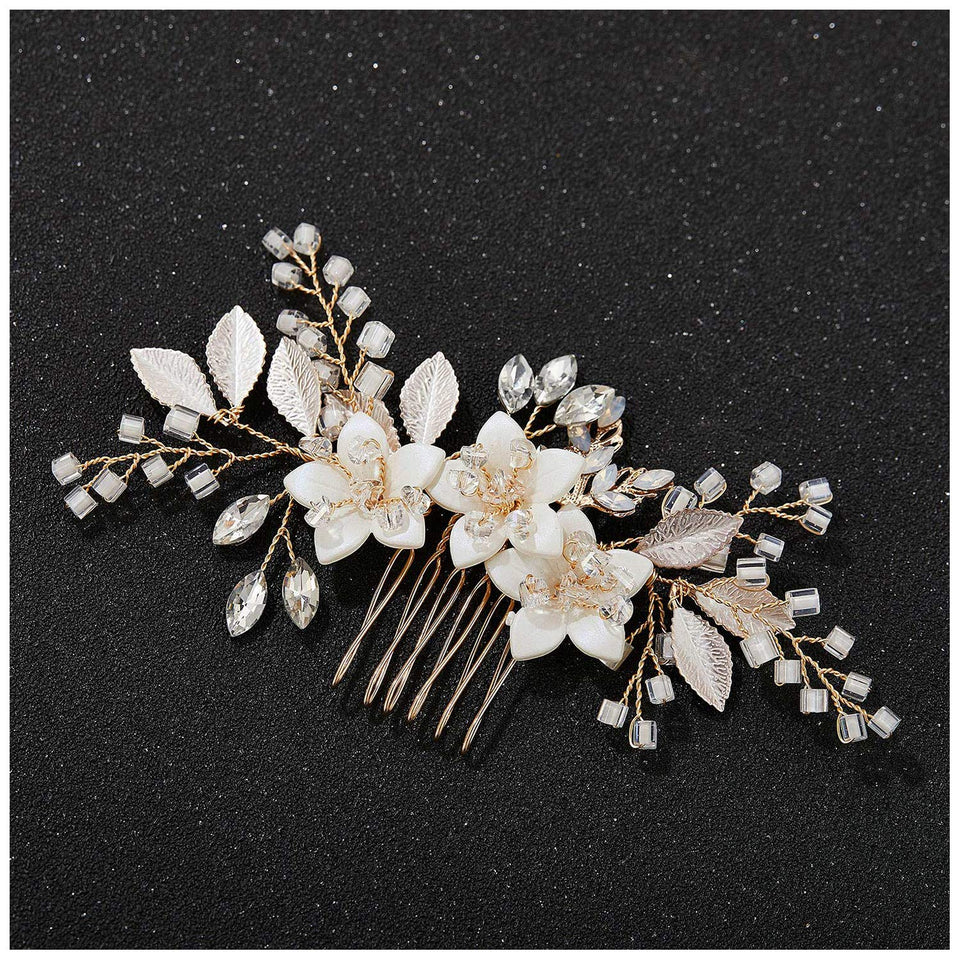 SWEETV gold comb front view showing elegant crystals and leaves for bridal sparkle