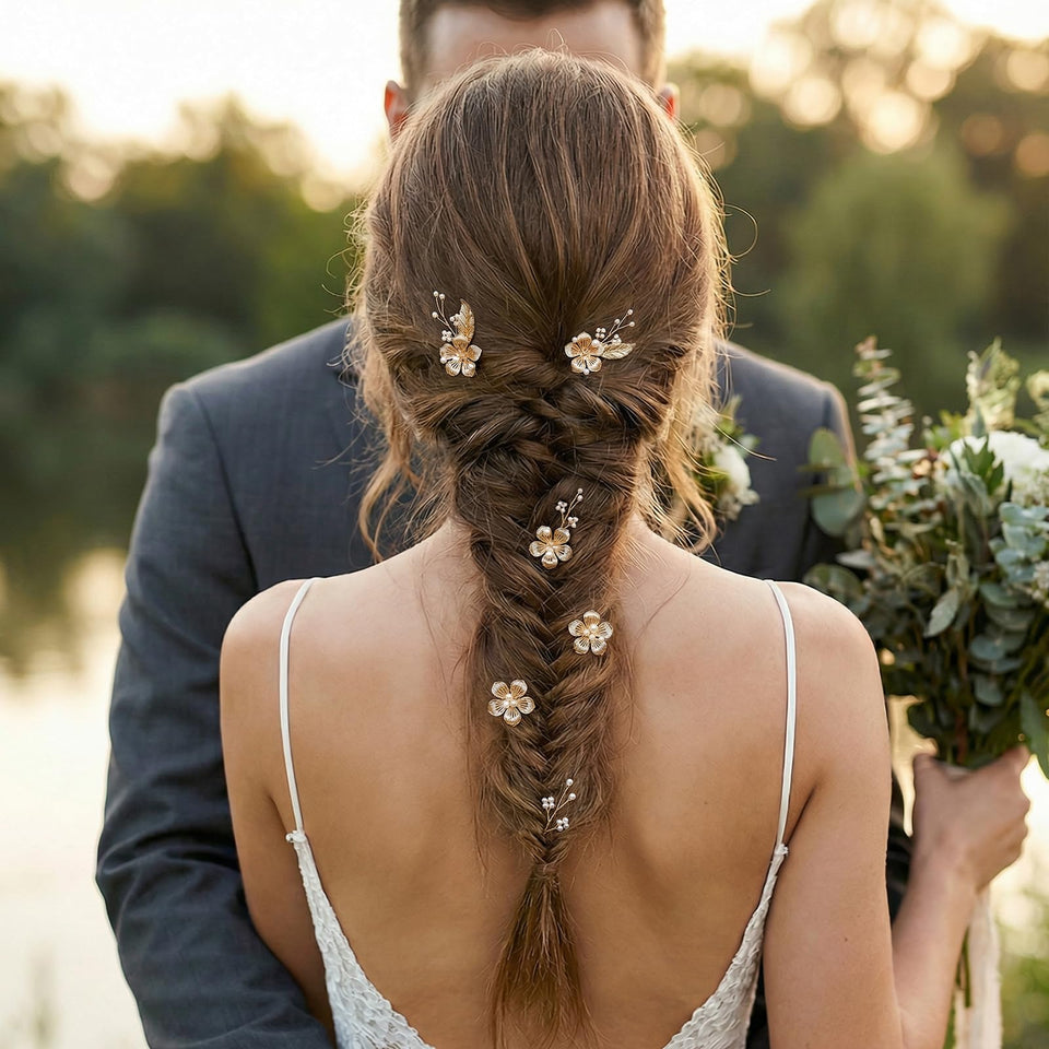 SWEETV front view of gold hair pins showing elegant packaging and bridal appeal