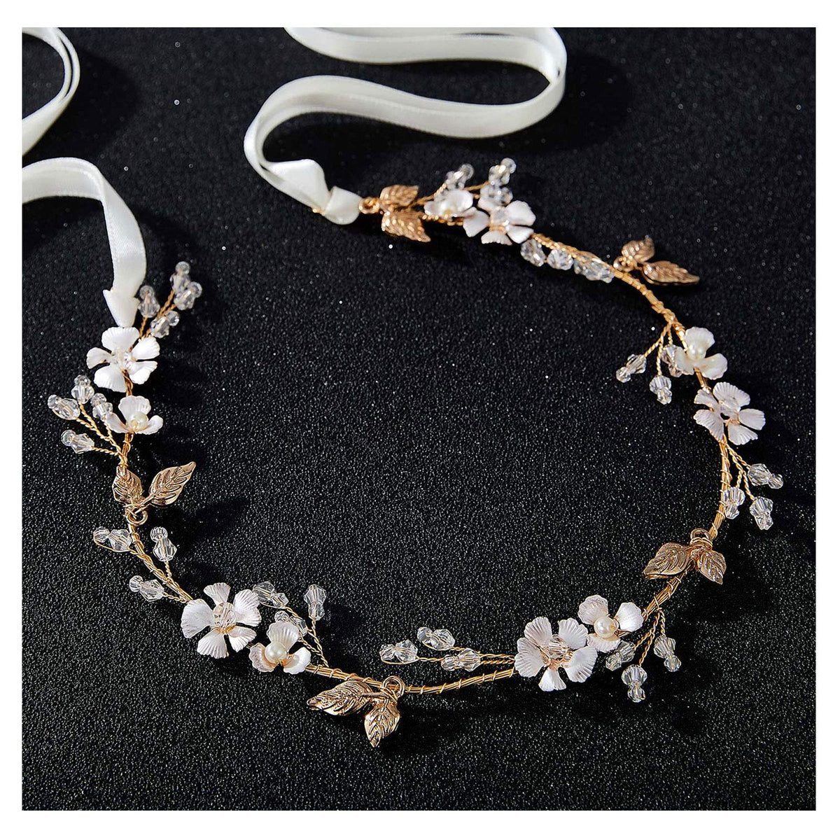SWEETV front view of gold bridal headband showing full design and ribbon for versatile styling