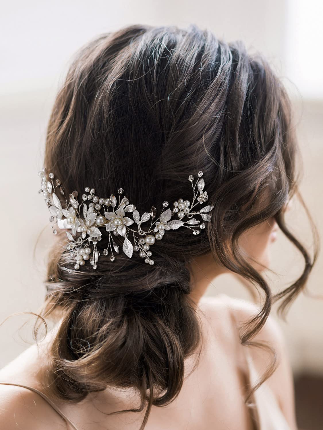 SWEETV front view of silver bridal hair clip comb showing overall design benefit secure style