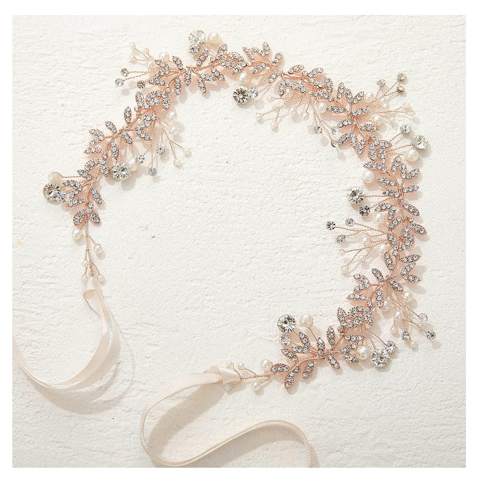 SWEETV front view of rose gold headpiece showing overall design and fitted curve