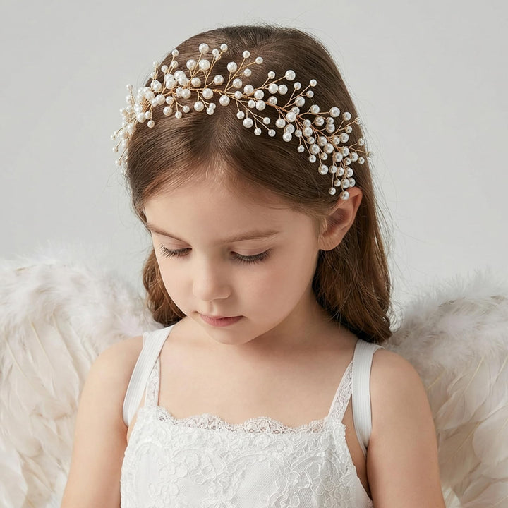 SWEETV front view pearl flower headpiece showing elegant halo and styling versatility