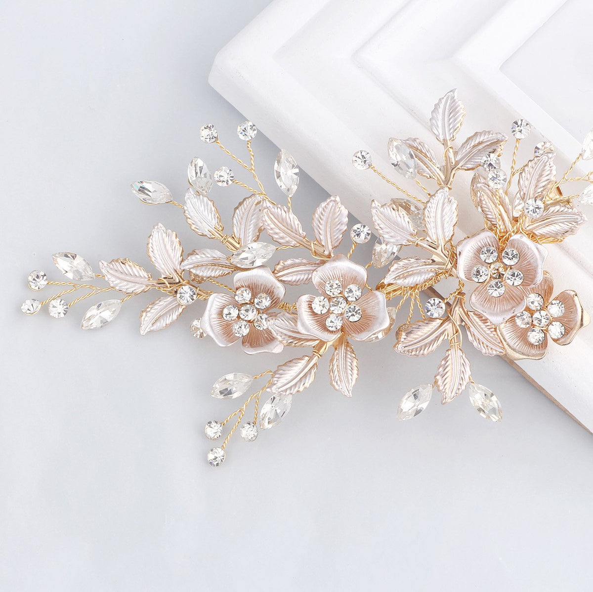 SWEETV front view of rose gold bridal comb showing floral design and elegant finish