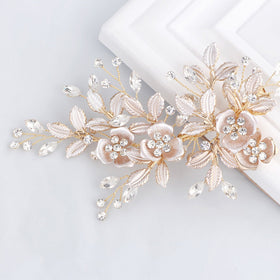 SWEETV front view of rose gold bridal comb showing floral design and elegant finish