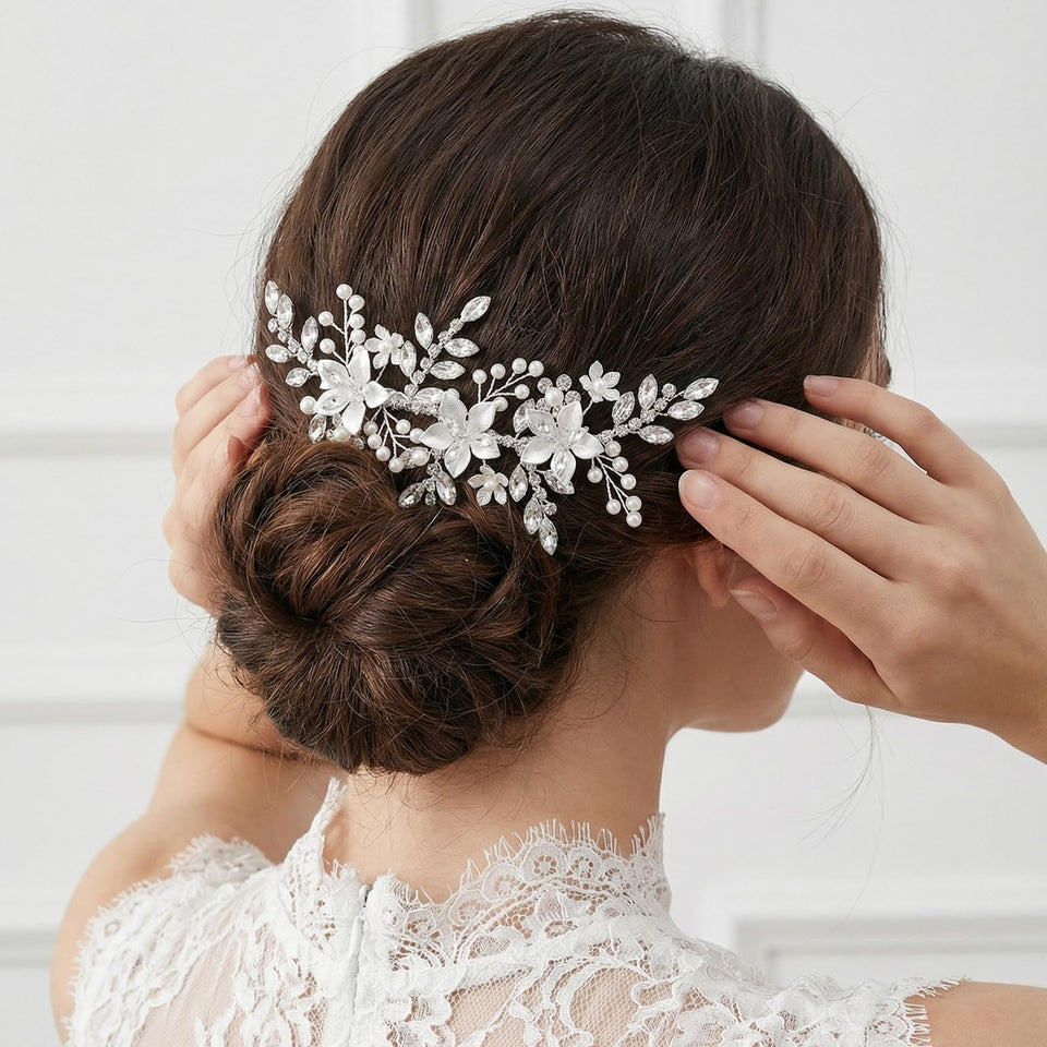 SWEETV front view showing silver flowers and overall design, elegant bridal enhancement