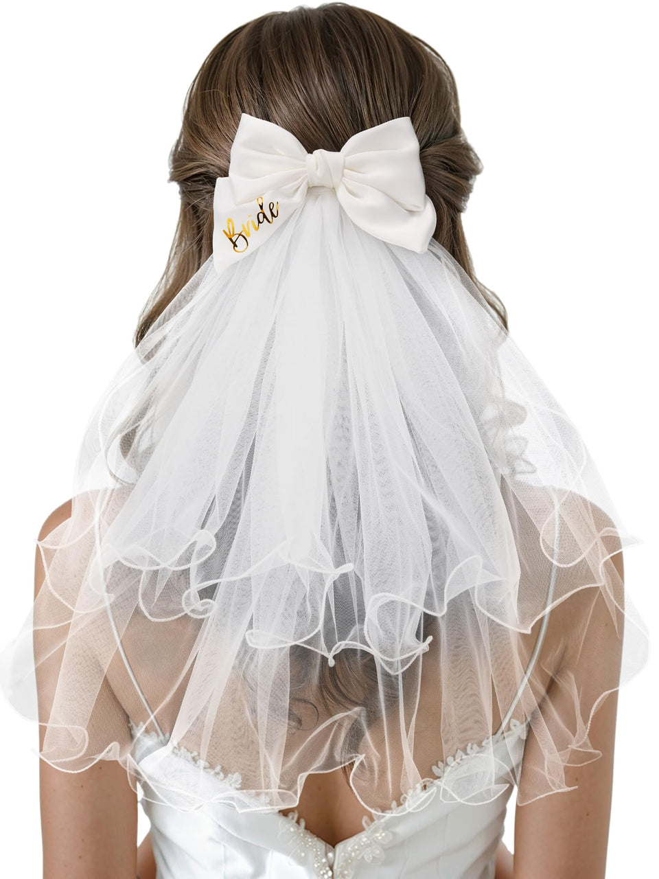 SWEETV front view white bow showing satin finish and pearl accent for elegant look