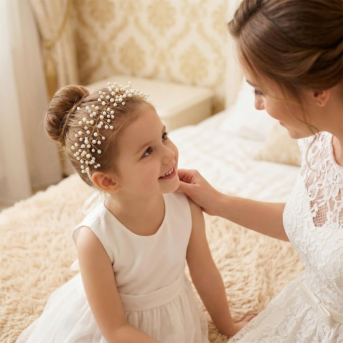 SWEETV halo on child model in dress demonstrating photogenic ceremony look