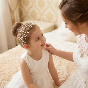 SWEETV halo on child model in dress demonstrating photogenic ceremony look