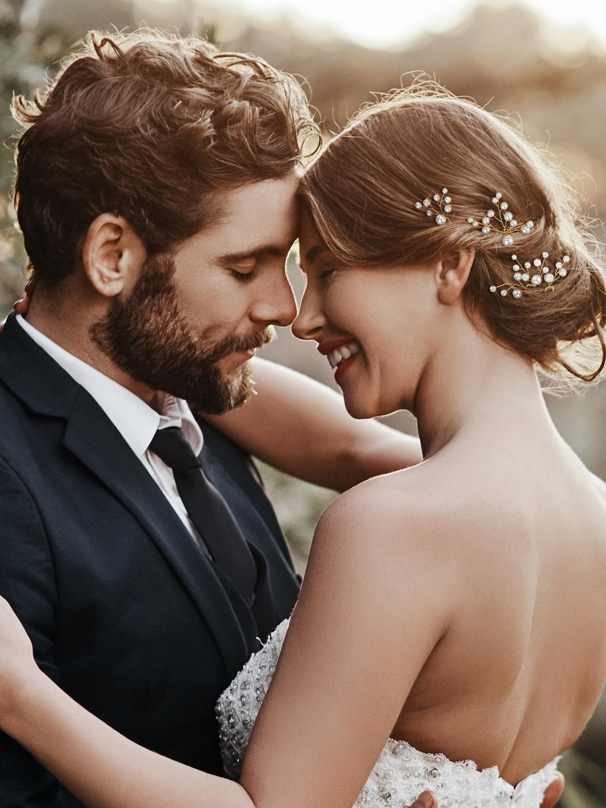SWEETV hair pins worn in bridal side-profile, adding vintage sparkle