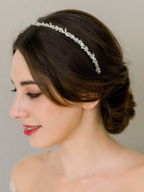 SWEETV headband worn in hair, shows flattering fit and bridal styling benefit