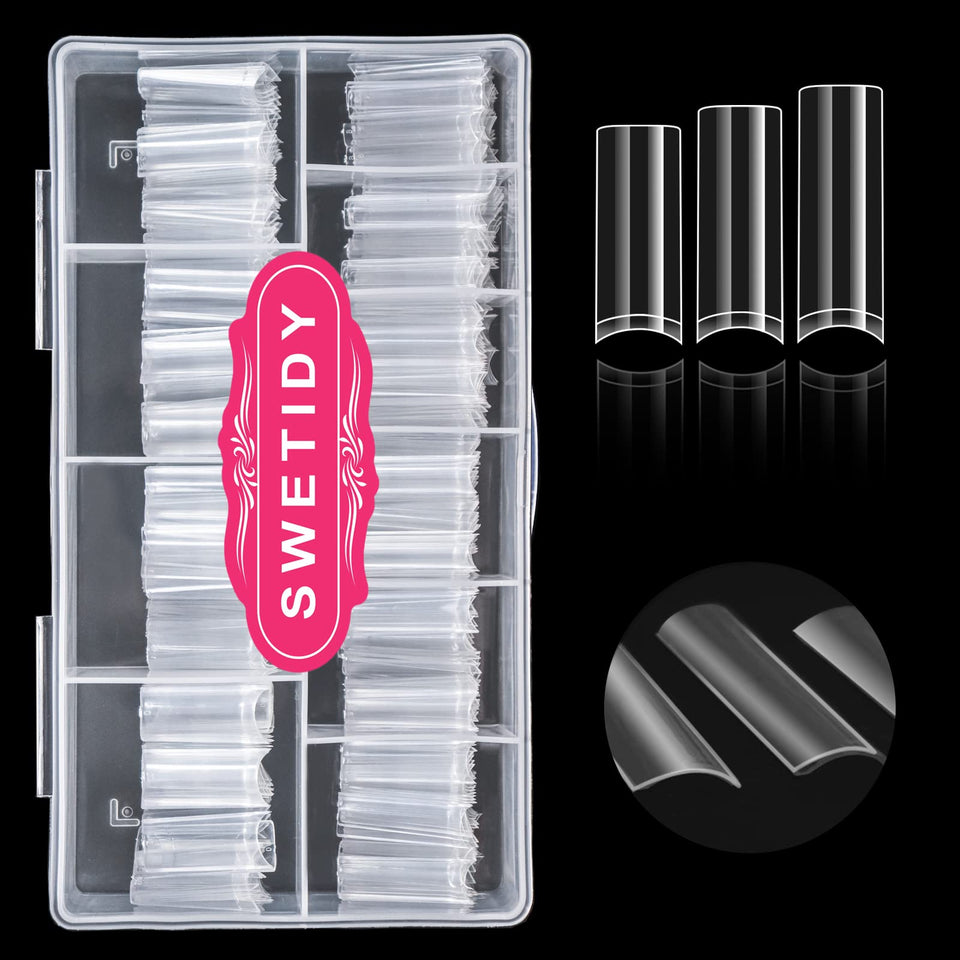 SWETIDY front packaging showing 500 clear square tips and protective box benefit durable storage