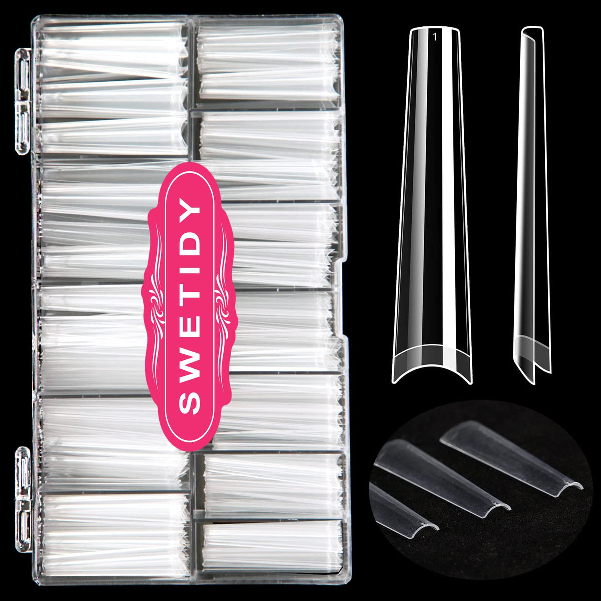 SWETIDY front packaging showing 420 clear coffin tips and organized box for convenience