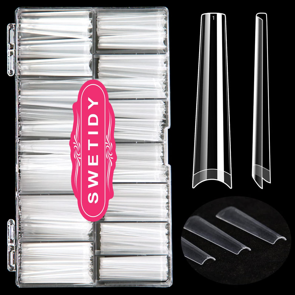 SWETIDY front packaging showing 420 clear coffin tips and organized box for convenience