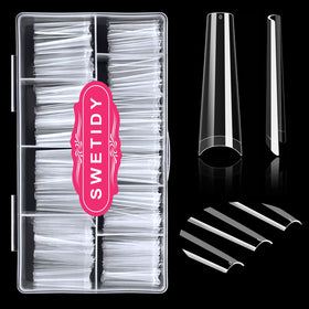SWETIDY front packaging showing 500pcs clear coffin tips and box, convenient bulk supply