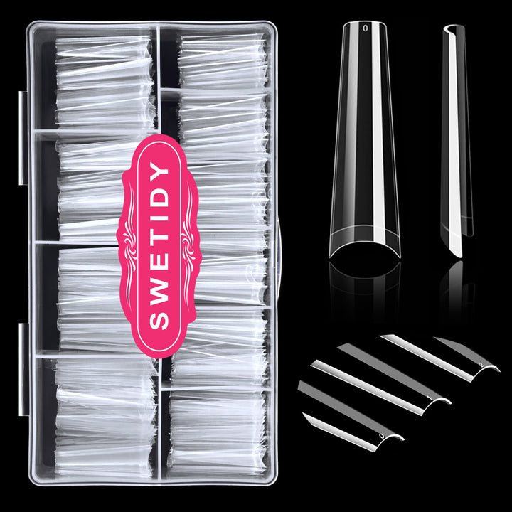 SWETIDY front packaging showing 500pcs clear coffin tips and box, convenient bulk supply