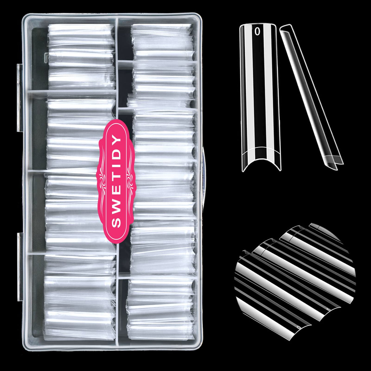 SWETIDY front packaging of 500 clear XXL tips showing quantity and benefit