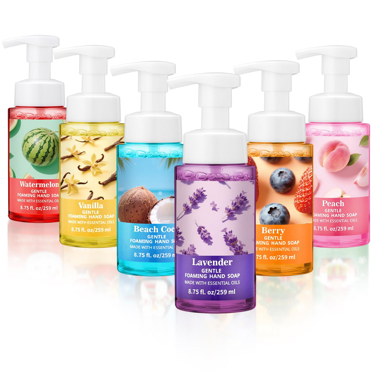 Swiffen front view of six scented foaming soap bottles showing variety and convenience