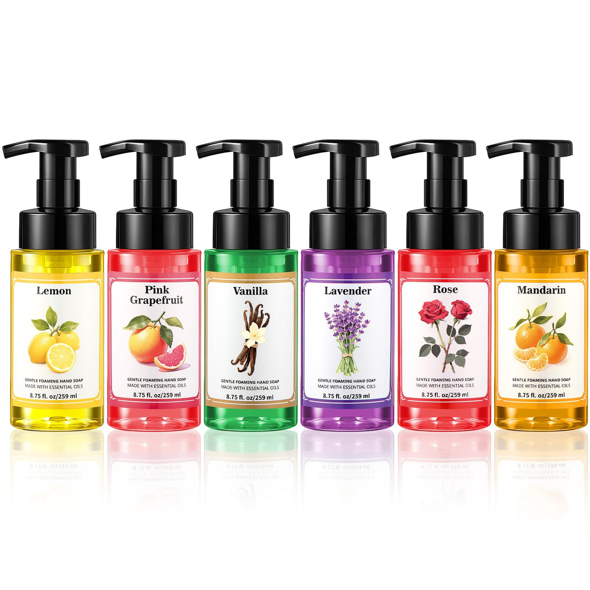 Swiffen front packaging showing six colorful foaming soap bottles and gift-ready presentation