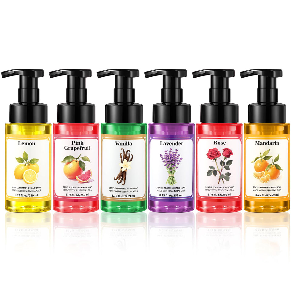 Swiffen front packaging showing six colorful foaming soap bottles and gift-ready presentation