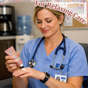Swiffen nurse using lotion on break, practical relief between shifts