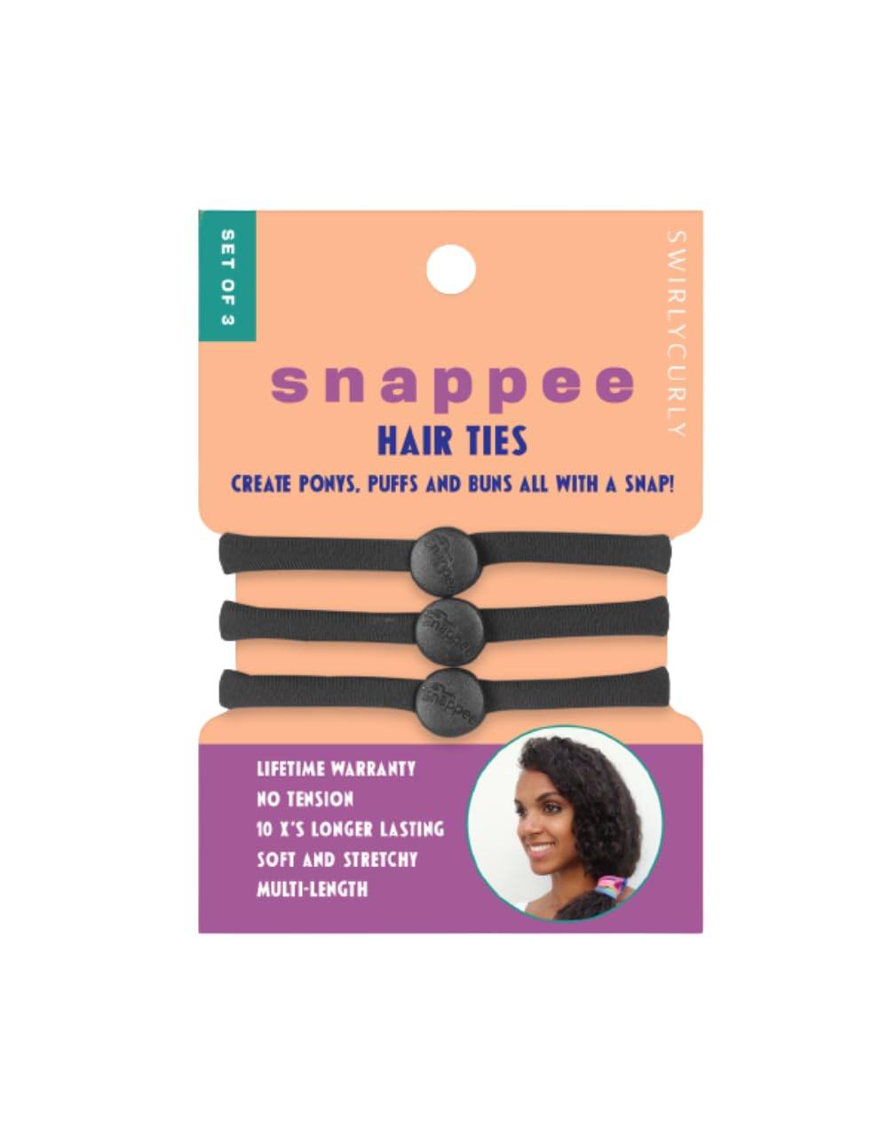 swirlycurly front packaging showing three black snap hair ties and benefits