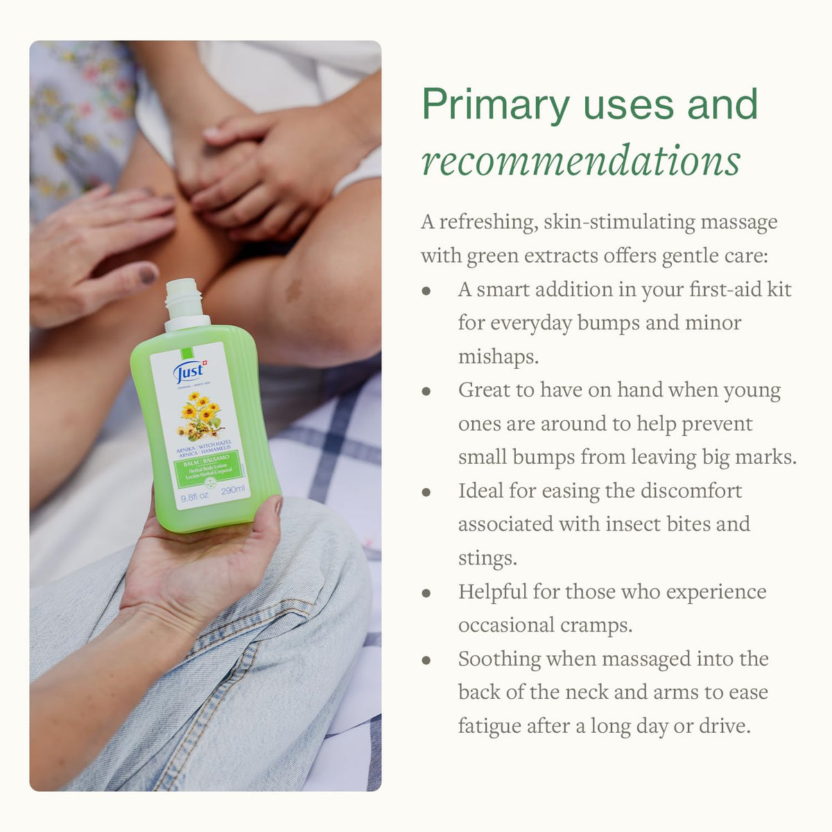 SwissJust balm being massaged into a calf demonstrating targeted relief