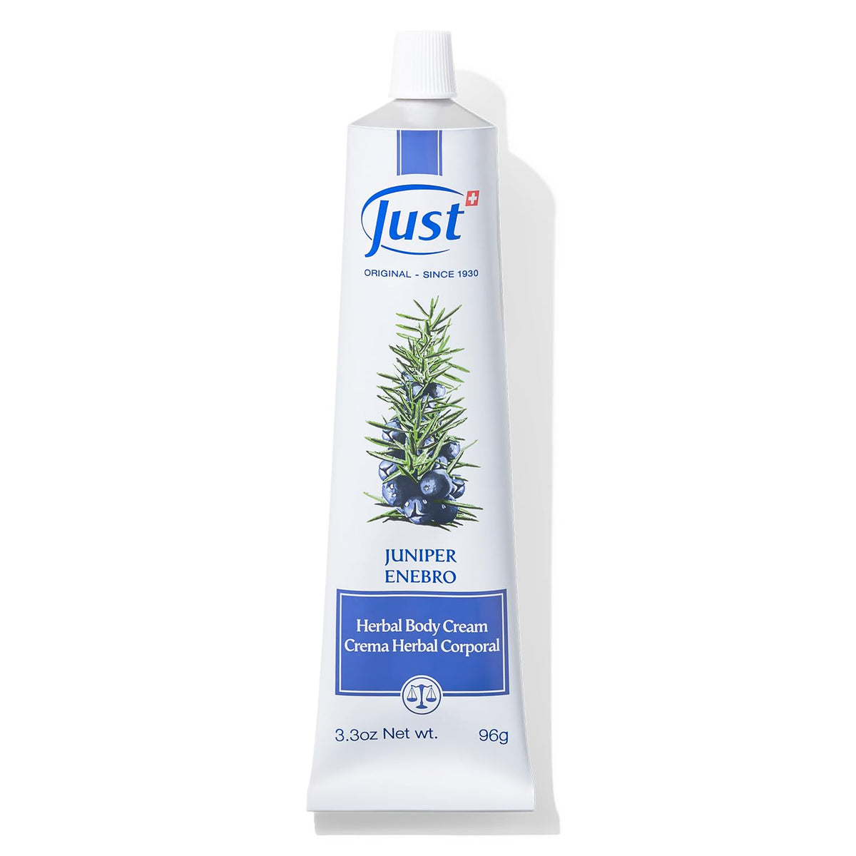 SwissJust Juniper Massage Cream front tube showing branding and size 96g benefit convenience