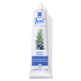 SwissJust Juniper Massage Cream front tube showing branding and size 96g benefit convenience