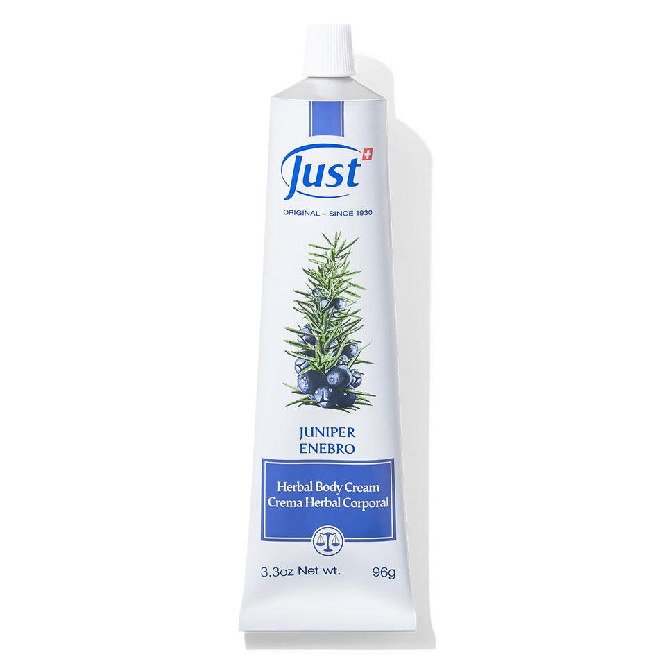 SwissJust Juniper Massage Cream front tube showing branding and size 96g benefit convenience