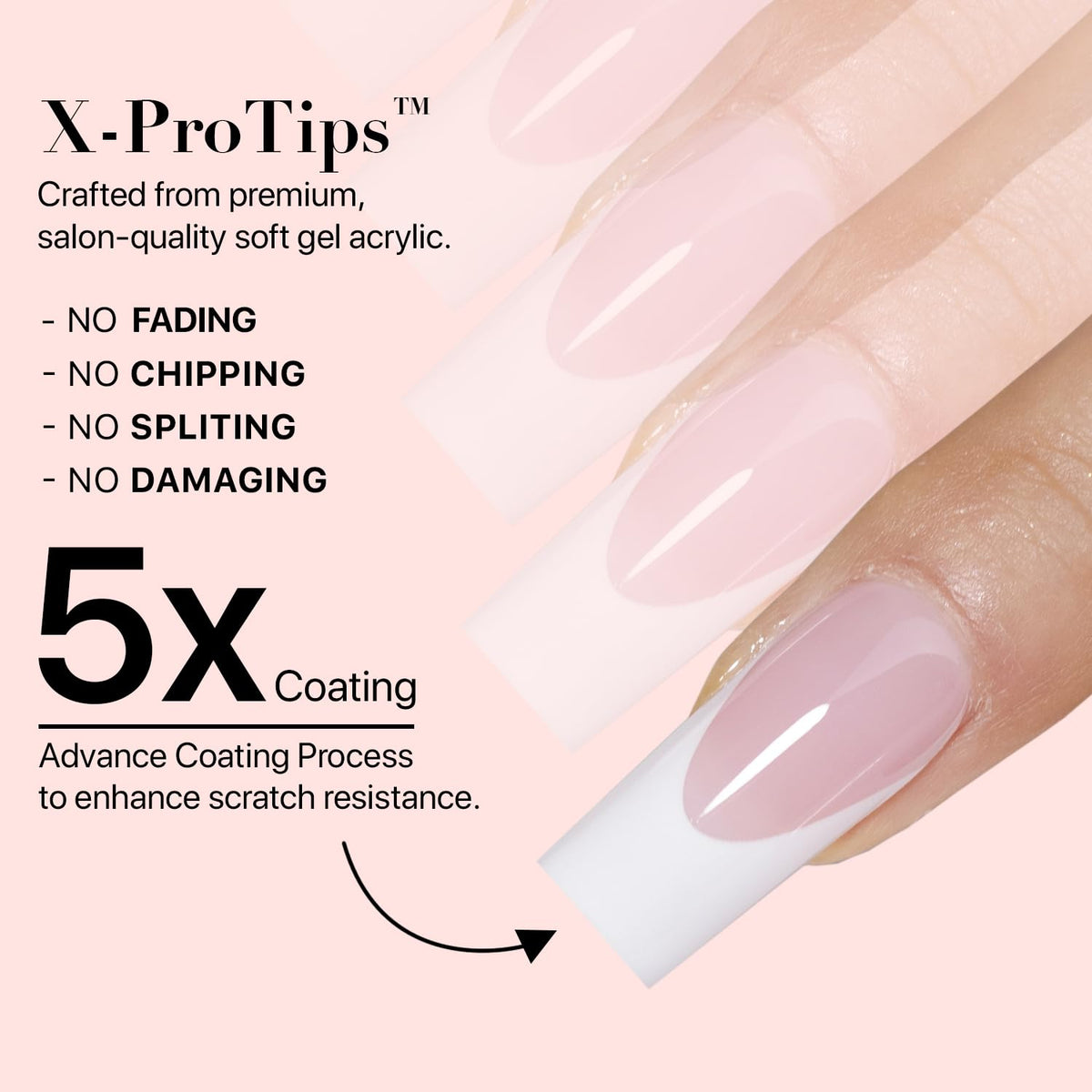 SXC close-up of almond tip texture and glossy finish, highlights durable acrylic