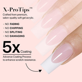 SXC close-up of almond tip texture and glossy finish, highlights durable acrylic