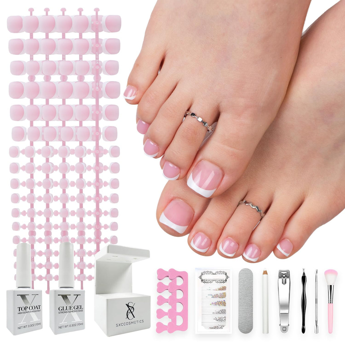 SXC front packaging showing French pink short press-on toes for easy salon-quality results