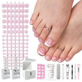 SXC front packaging showing French pink short press-on toes for easy salon-quality results