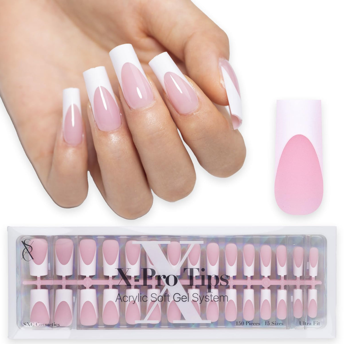 SXC front packaging showing 150-piece French tip kit and quick results
