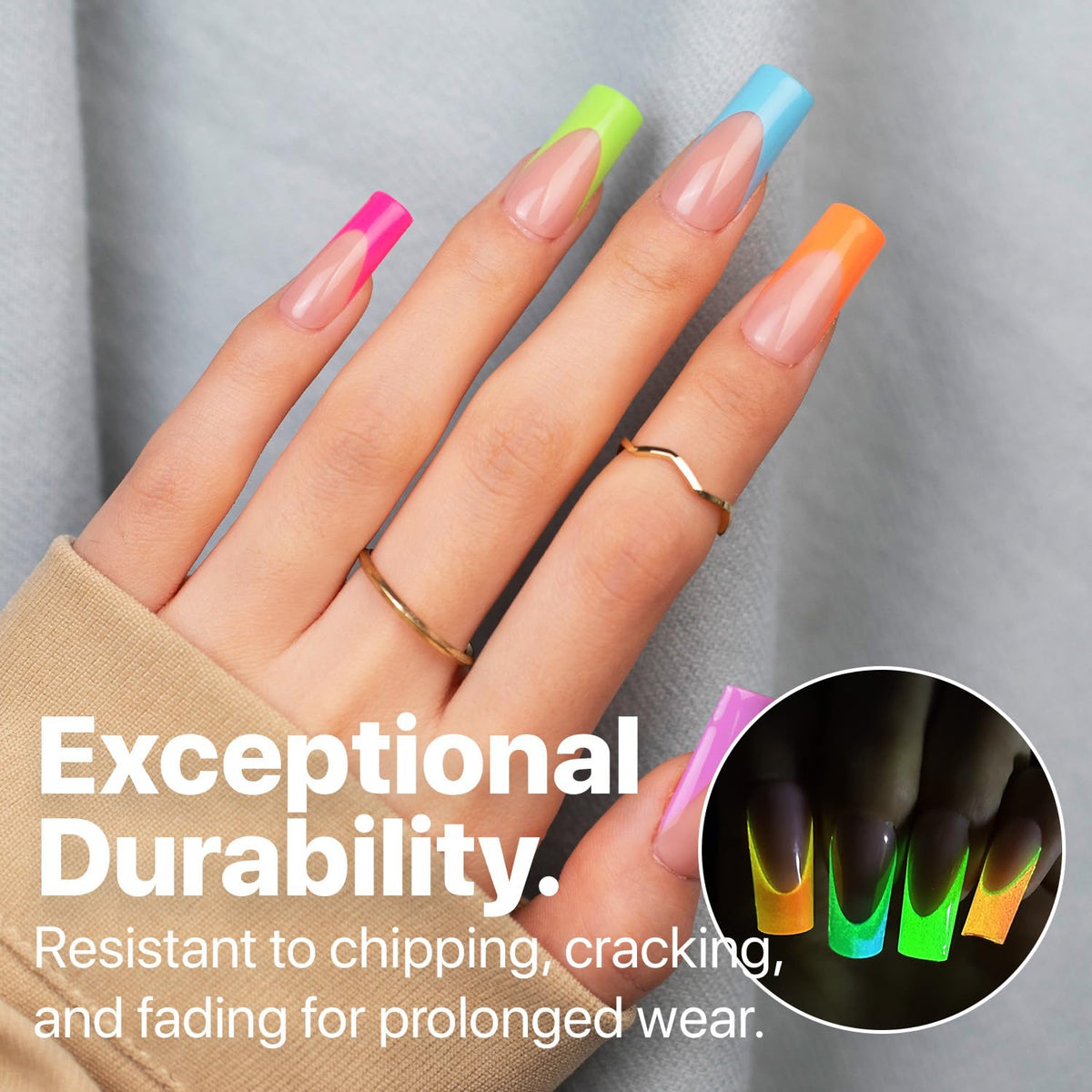 SXC nails glowing under light showing texture and charging benefit visible glow