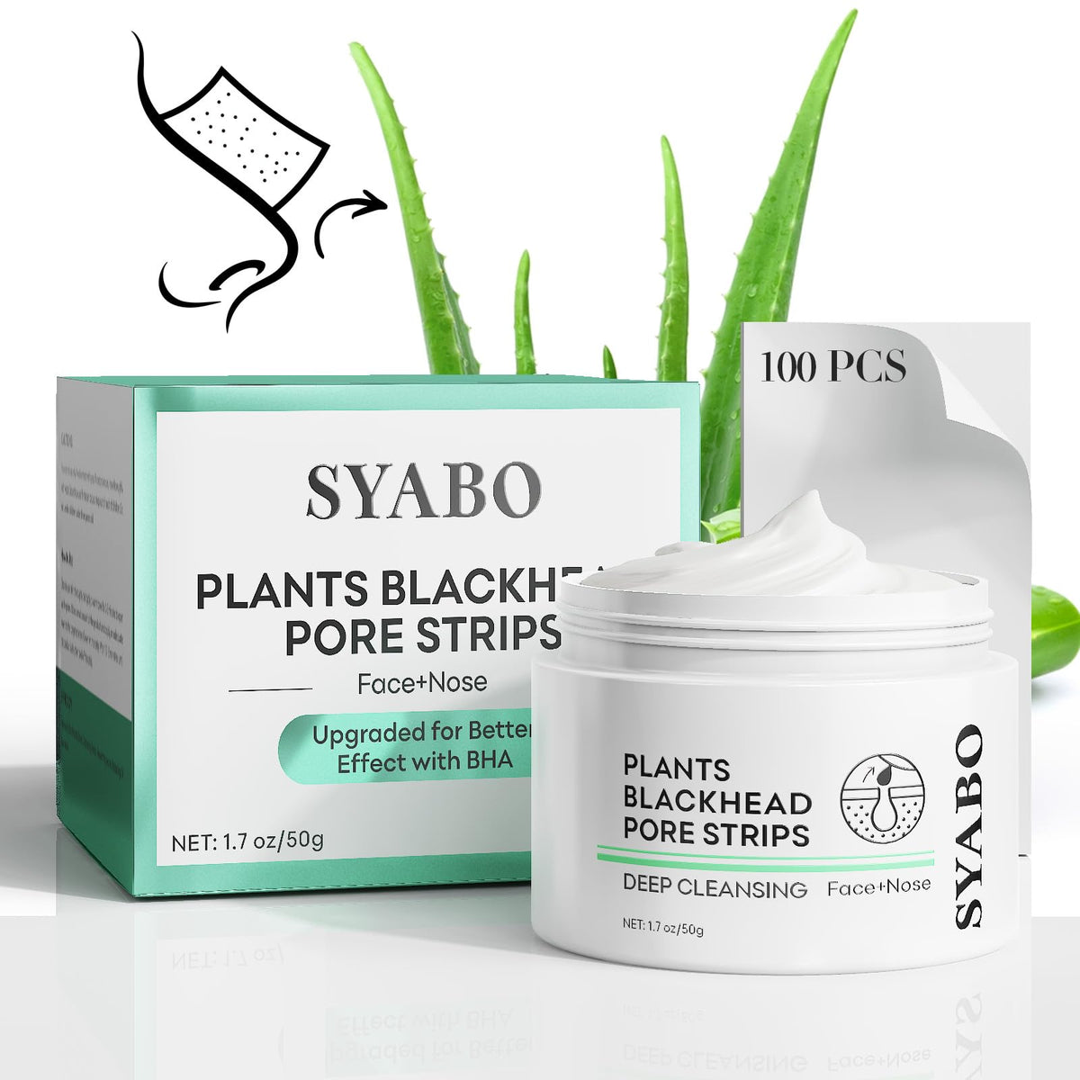 SYABO front packaging showing 2.0 pore strips and 100-piece count benefit