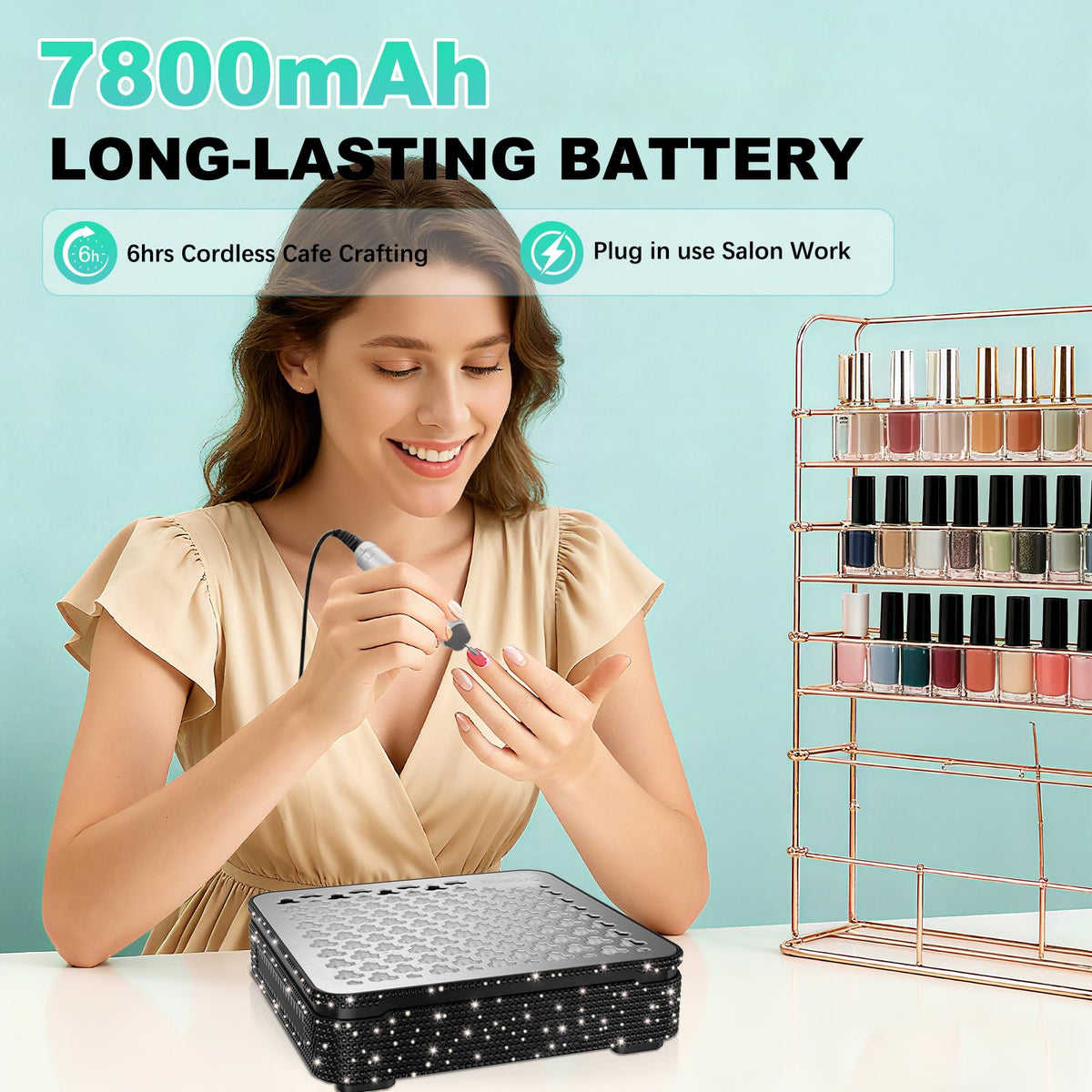 SYDRON battery port and charging cable showing cordless runtime and plug-in option benefit