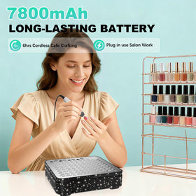 SYDRON battery port and charging cable showing cordless runtime and plug-in option benefit
