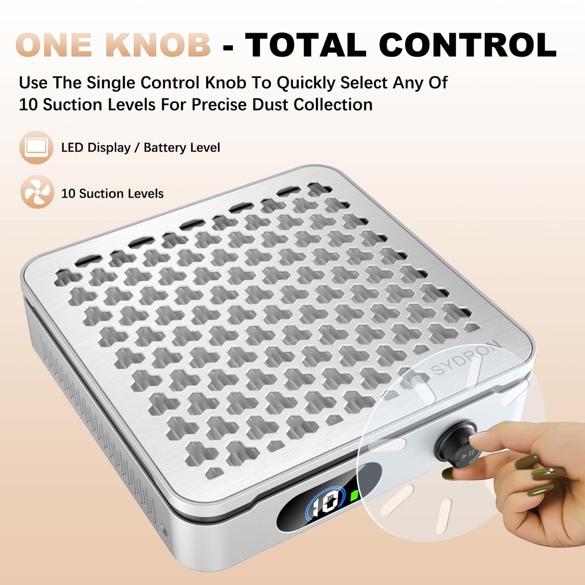 SYDRON size comparison with hand illustrating portable, travel-ready benefit