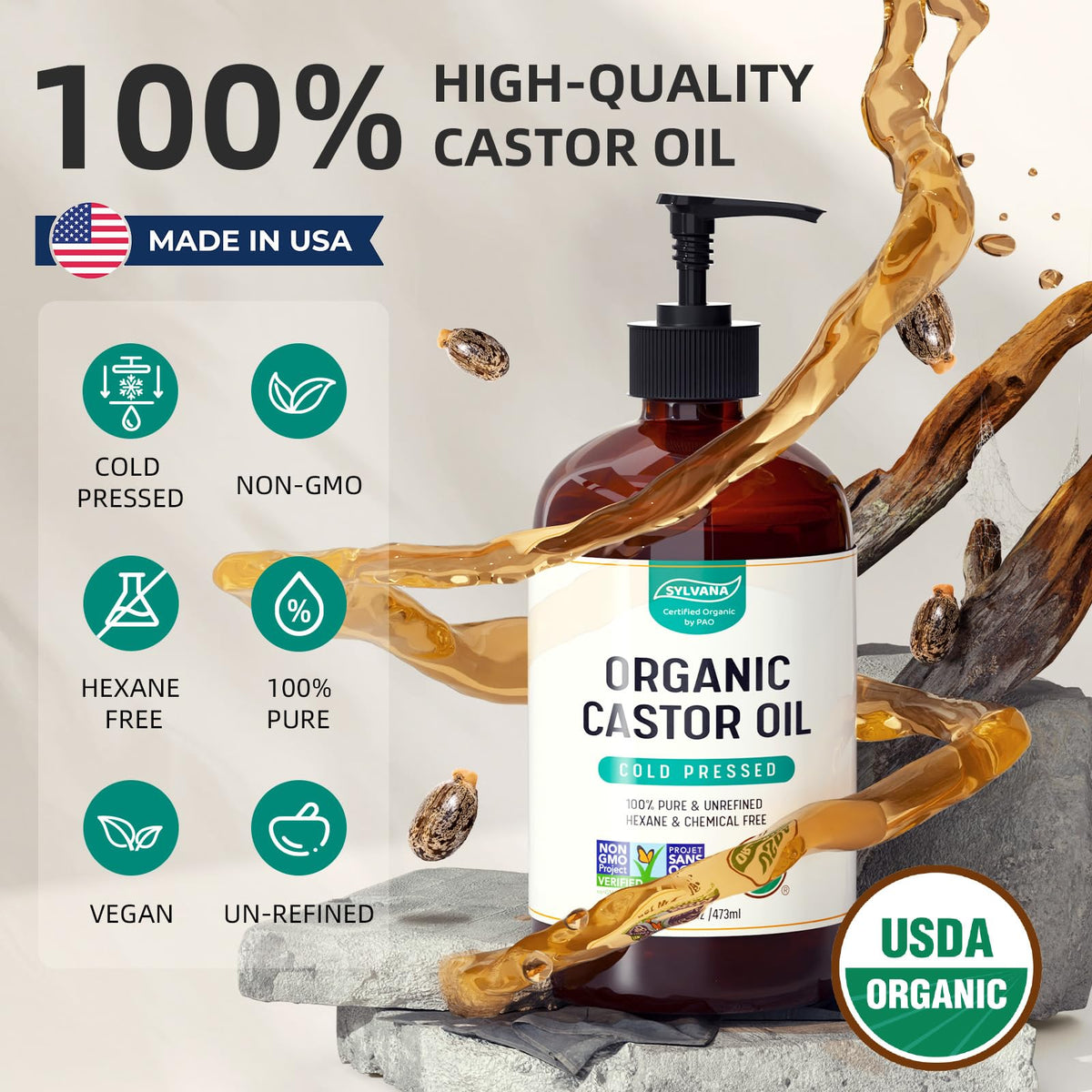 SYLVANA amber bottle label highlighting USDA Organic certification and purity