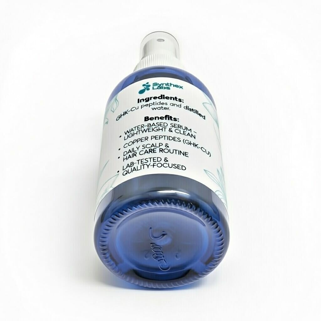 SYNTHEX LABS bottle in hand for scale to show compact travel-friendly convenience