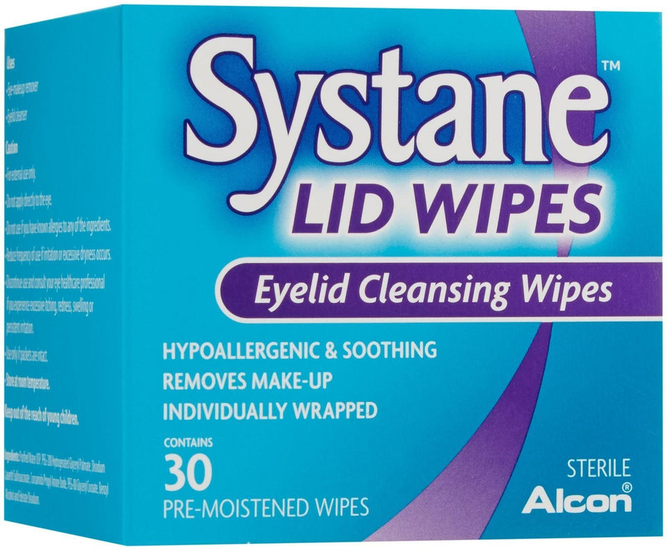 Systane front packaging showing 30-count sealed wipe packets for easy travel and convenience